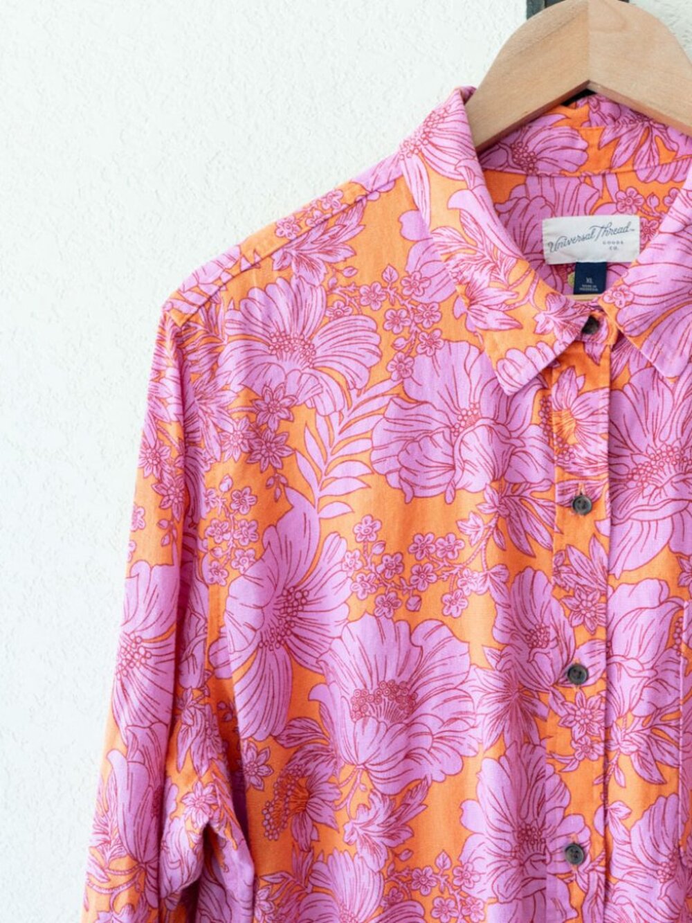 Universal Thread Floral Linen Blend Button Shirt XL Pink Orange Long Sleeve Top - Picture 4 of 13